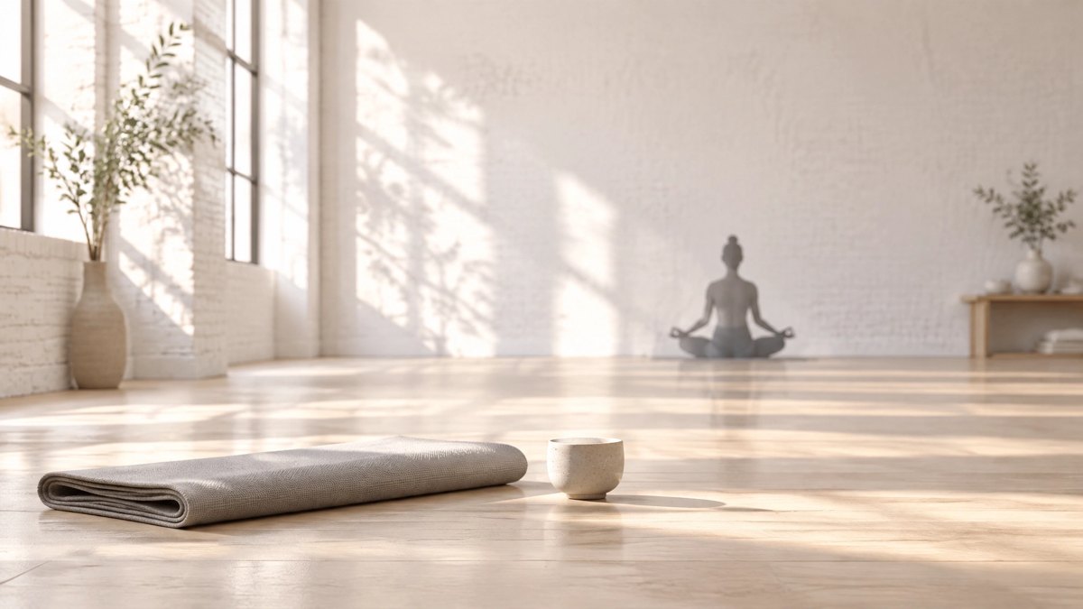 A sunlit minimalist studio with a neutral yoga mat laid out on a wooden floor
